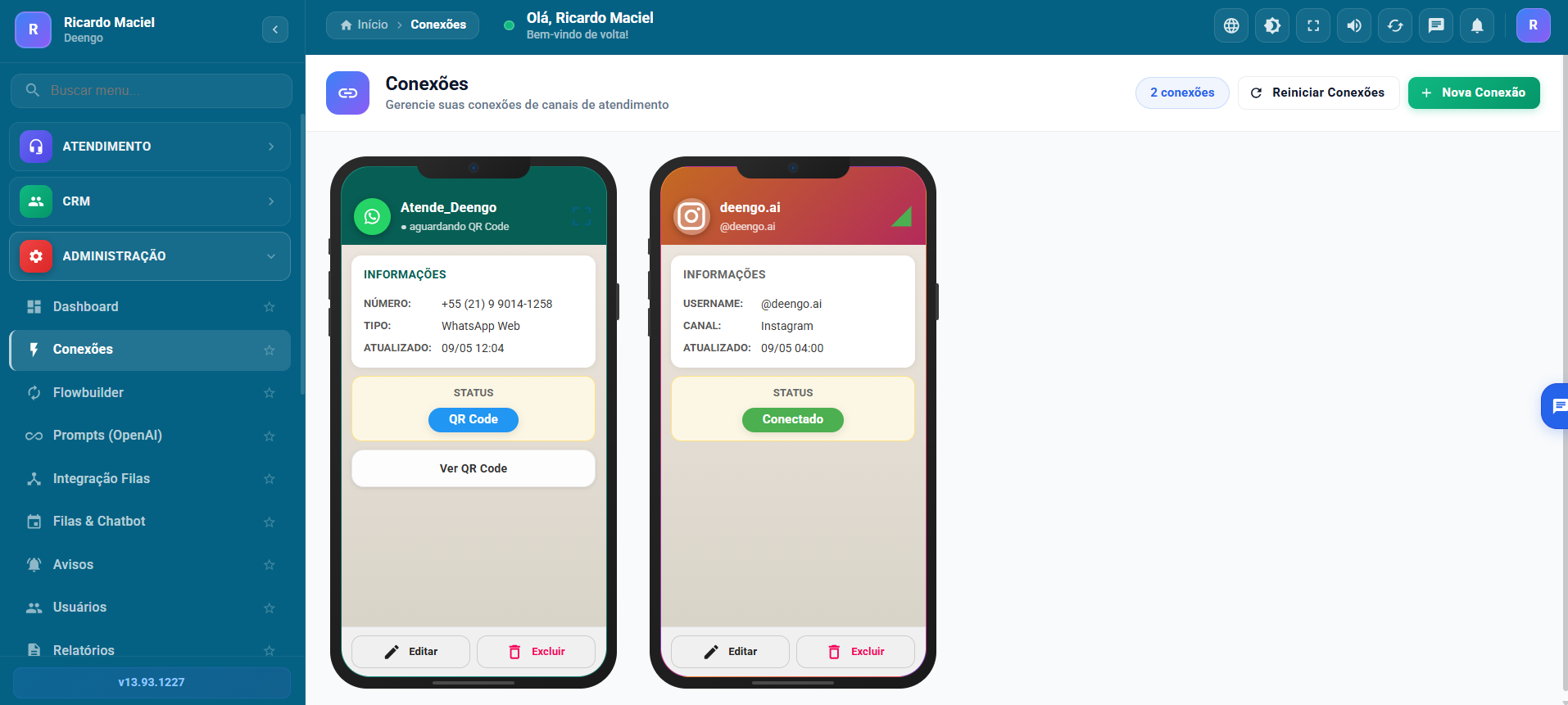 Tela de Conexões do Deengo com canais WhatsApp e Instagram