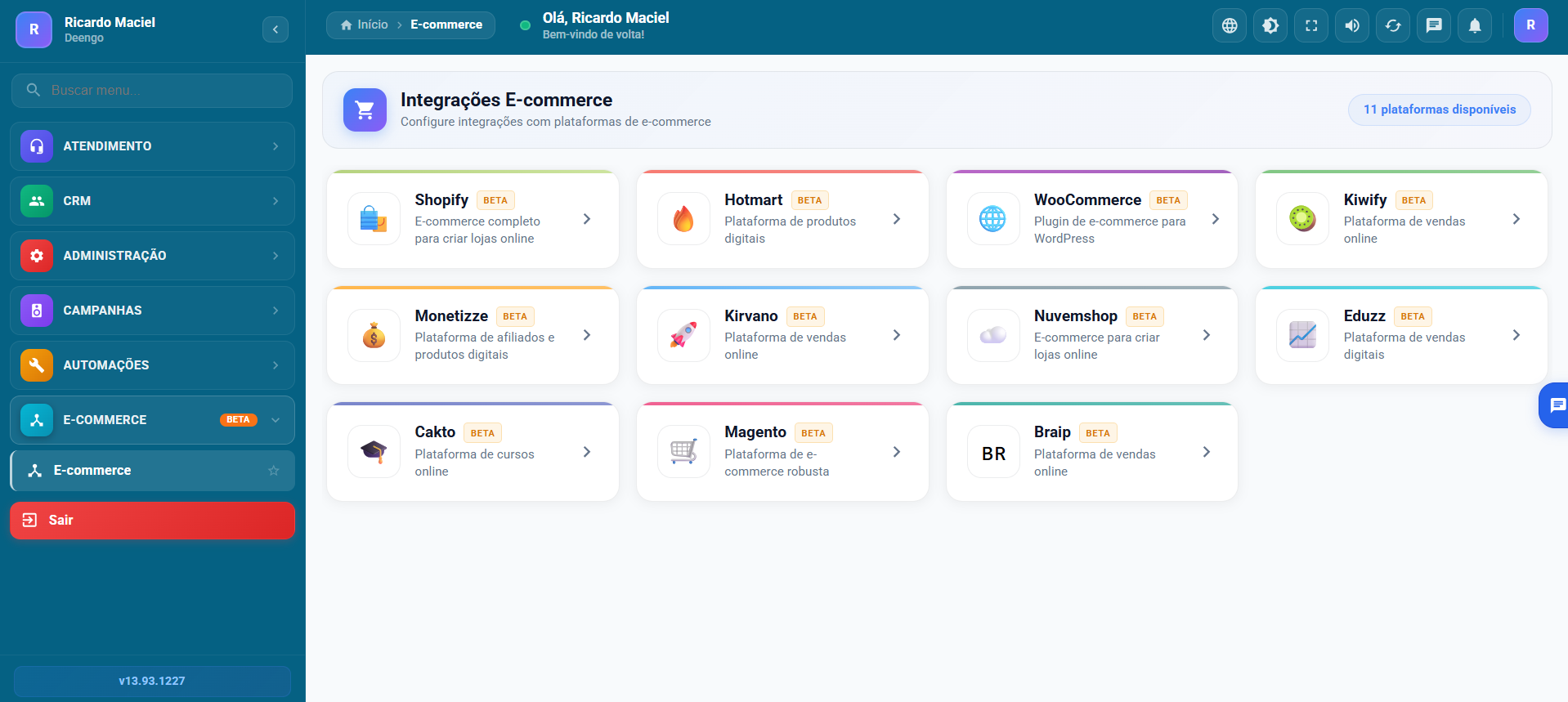 Tela de integrações E-commerce do Deengo com diversas plataformas
