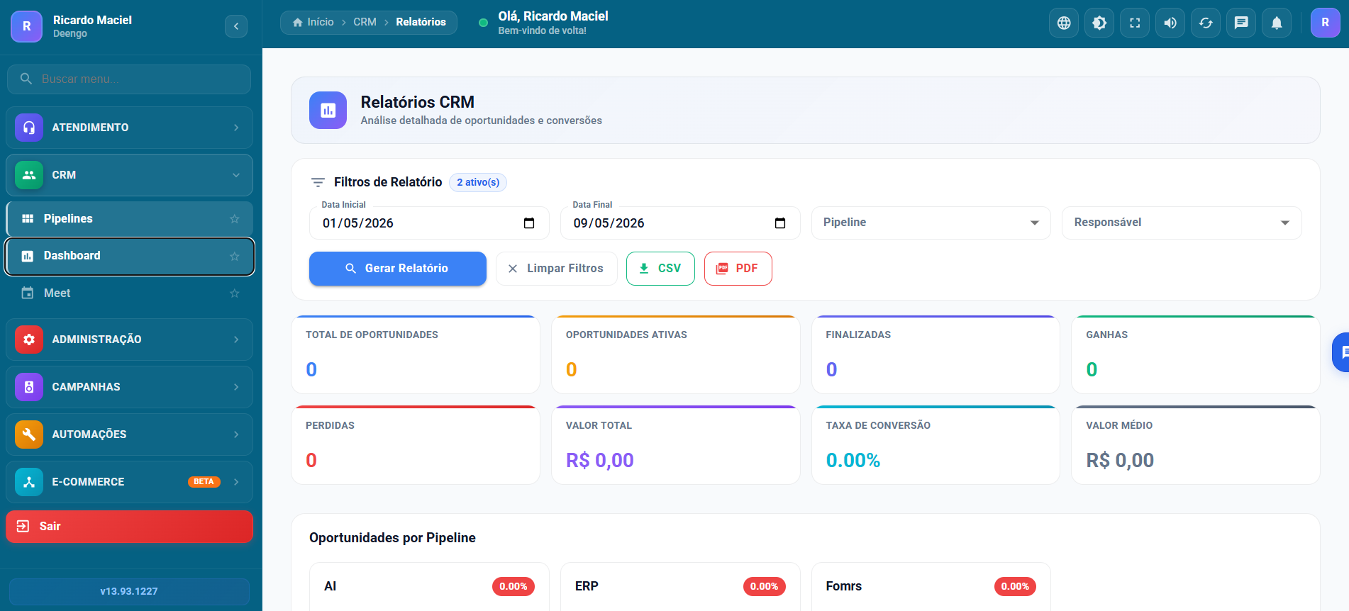 Tela de Relatórios CRM do Deengo com métricas de oportunidades